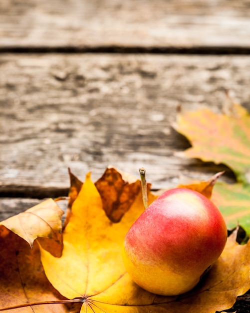古い木製のテーブルの上のリンゴとカエデの葉から秋の境界線