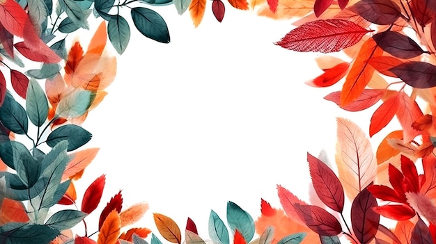 Autumn border with colorful leaves watercolor isolated illustration on white background