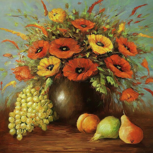 autumn bouquet of sunflowers and pumpkins on canvas