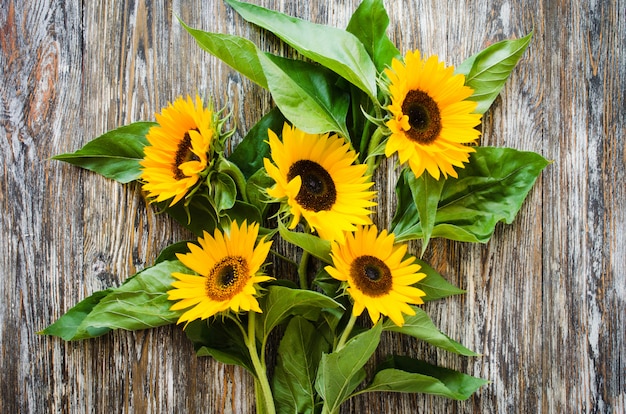 Autumn bouquet of yellow sunflowers on vintage textured wooden table.