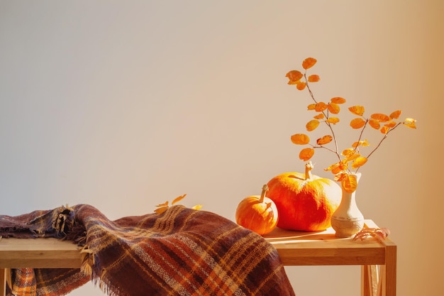 Autumn branches with orange leaves in vase and pumpkins on white background