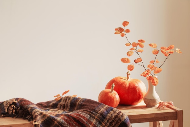 Autumn branches with orange leaves in vase and pumpkins on white background