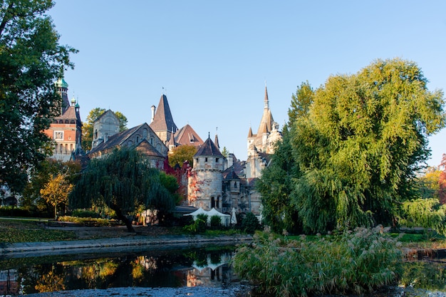 Autumn in Budapest, Vajdahunyad castle in the morning sun, cityscape