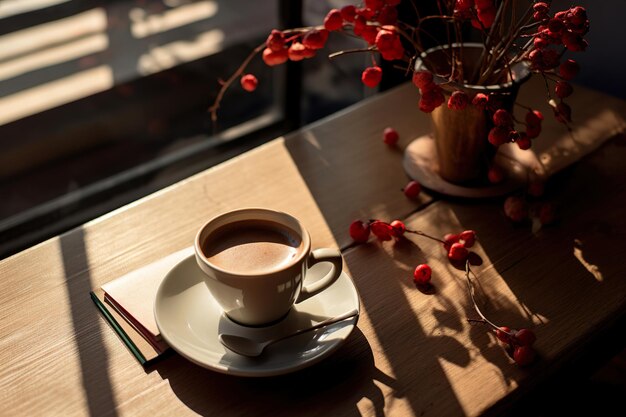Autumn Cafe Sunny Morning met koffie en maroon accenten