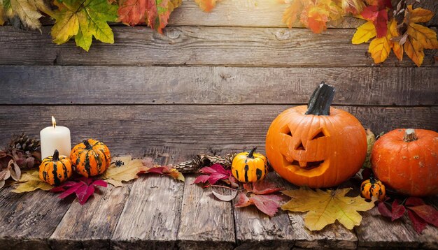 Autumn celebration background with carved pumpkin and candle on a rustic wooden table