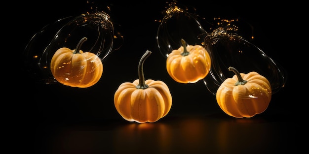 暗い背景にオレンジ色のカボチャを使った秋のお祝いのお祝いと健康的な料理