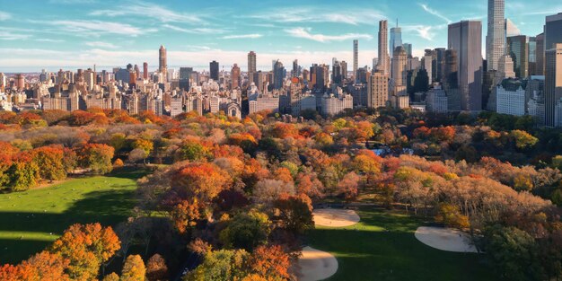 Foto autunno central park con grattacieli del centro vista da drone aereo di new york city manhattan central