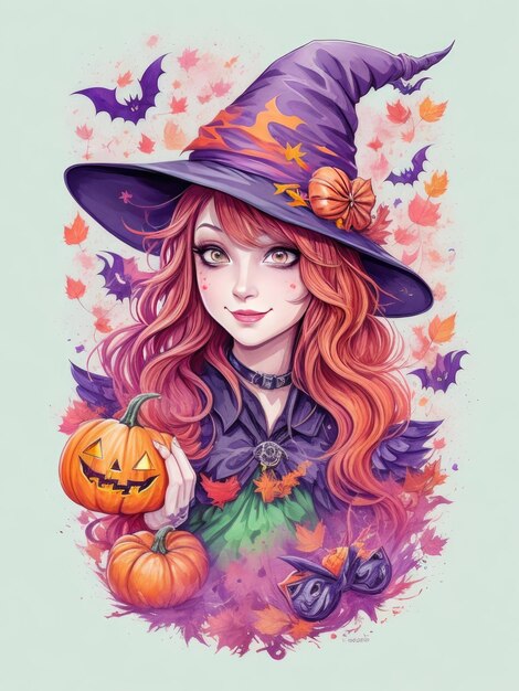 Autumn a charming girl as Halloween witch random face expressions ai generated