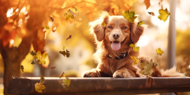 都市公園の秋の女性が散歩し、幸せなスパニエル犬と遊ぶ黄色の葉が落ちる金色の晴れた日