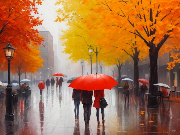 Autumn in the city rainy weather oil paints