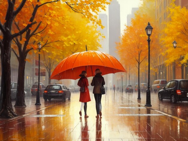 autumn in the city rainy weather oil paints