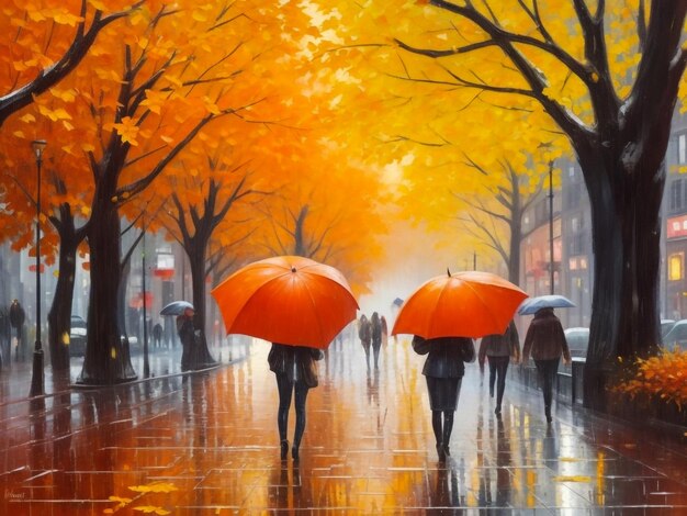 autumn in the city rainy weather oil paints