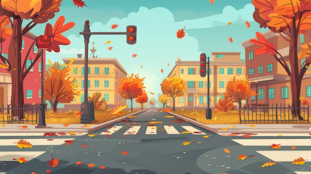 写真 秋の街景歩道交通信号灯建物茶色の葉舗装と歩行者通路を備えた近代的な都市景色