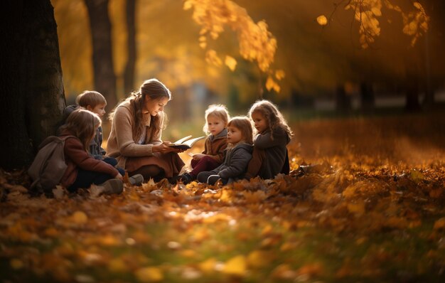 Autumn Classroom young Teacher Reading to Kids generative AI