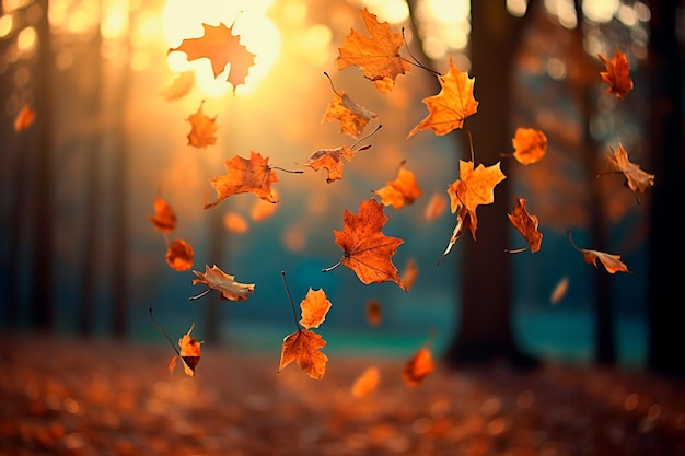 秋の公園の木に揺れる秋色の明るい葉 カラフルな秋の背景 秋の背景