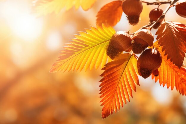 autumn colored chestnut leaf branch frame on bright blur background