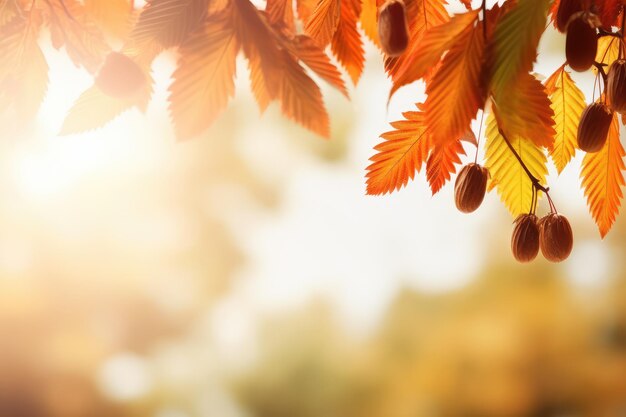 autumn colored chestnut leaf branch frame on bright blur background