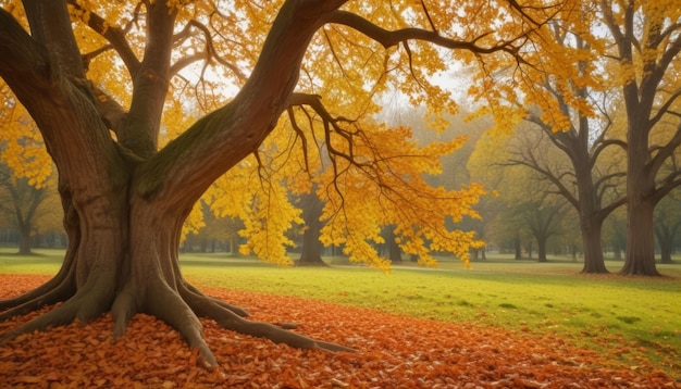 Autumn colorful bright leaves swinging on an oak tree Fall background Beautiful nature scene