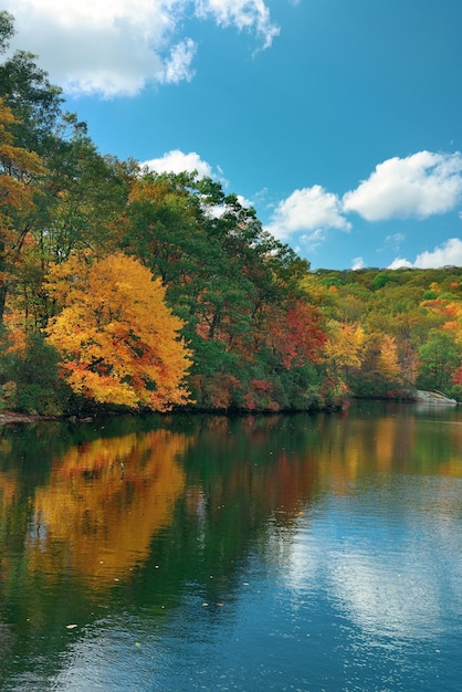 Осенняя красочная листва с отражением в озере.