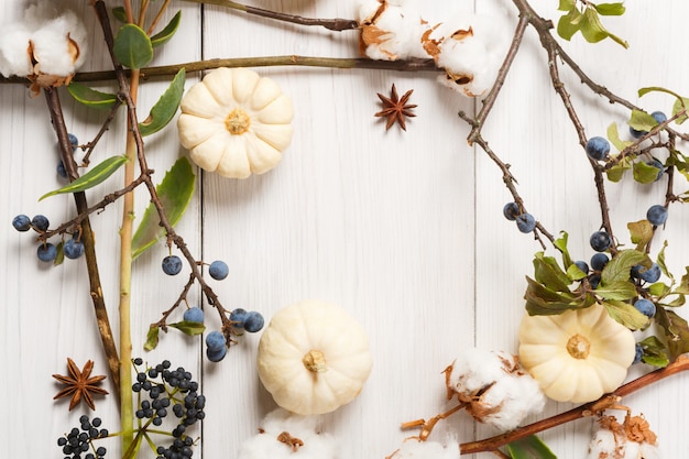 Autumn composition background. Frame made of dried fall flowers, pumpkins, branches and autumn leaves, also cotton, clove and sloe. Top view