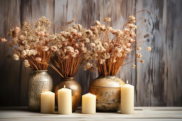Autumn composition of candles and spikelets in vases on wooden background copy space Generative AI