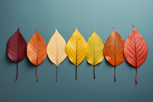 Autumn composition colorful leaves in a row Studio shot