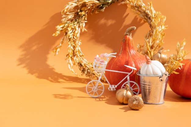 Autumn composition Dried leaves wreath pumpkins on white orange background Autumn fall ans thanksgiving day concept Still life