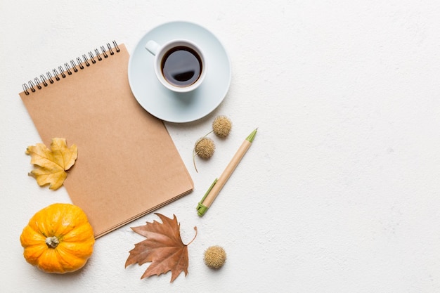 가을 컴포지션 낙엽과 공예 스케치북은 컬러 배경 위에 조롱되어 있습니다. Top view Flat은 복사 공간이 있습니다.