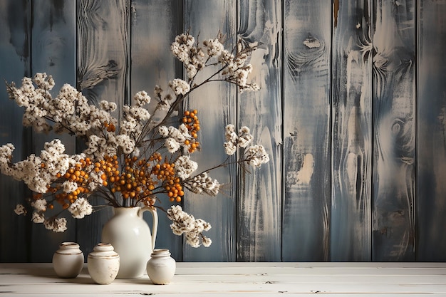 Autumn composition of flowers and orange berries in vase on wood background copy spaceGenerative AI