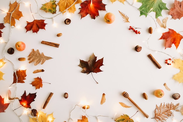 Autumn composition and frame made of autumn leaves on white background top view copy space