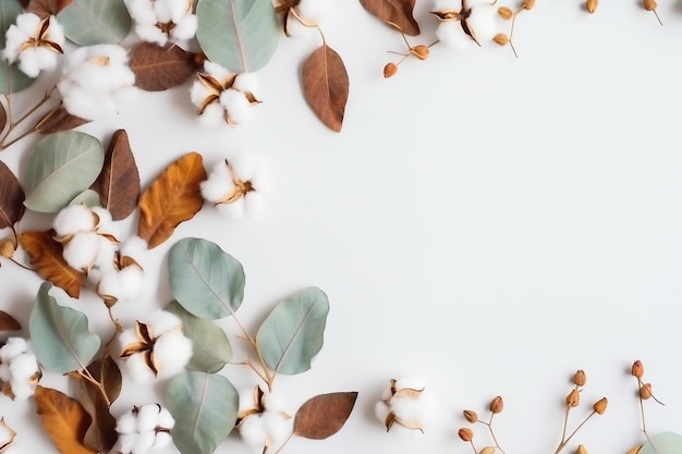 秋の組成物ユーカリの枝で作られたフレームパステル グレーの背景に綿の花の乾燥した葉秋秋コンセプト フラット レイアウト トップ ビュー コピー スペース