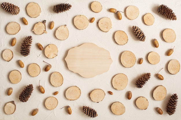 Autumn composition, frame made of pine cones, acorns and small wooden stumps