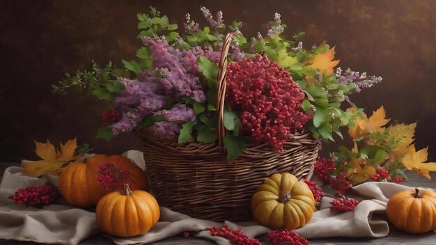 Autumn composition of heather in a wicker basket viburnum gifts still life