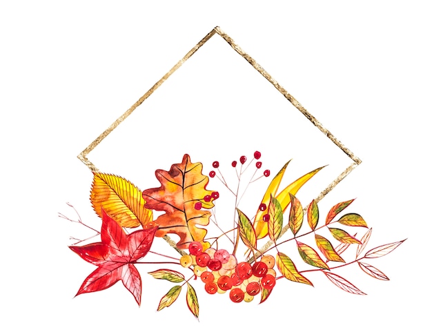 Autumn composition. Illustrations made of autumn berries and leaves . Watercolor illustrations.