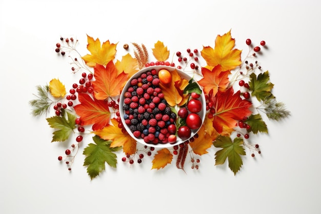 Autumn composition of leaves and berries on a white background