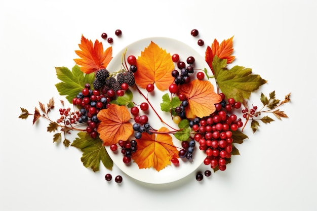 白い背景に葉と果実の秋の組成物