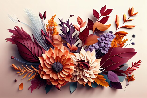 Autumn composition made of beautiful flowers on light backdrop Generative Ai