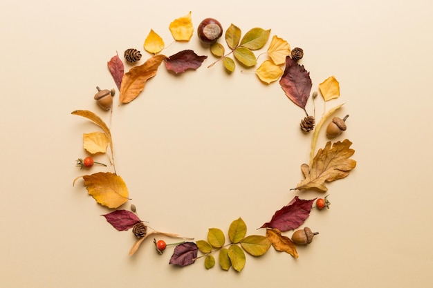 Autumn composition made of dried leaves cones and acorns on table Flat lay top view