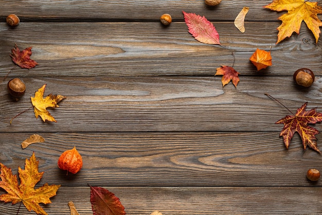 Autumn composition made of fall leaves flowers nuts pine cones on wooden background Flat lay top view