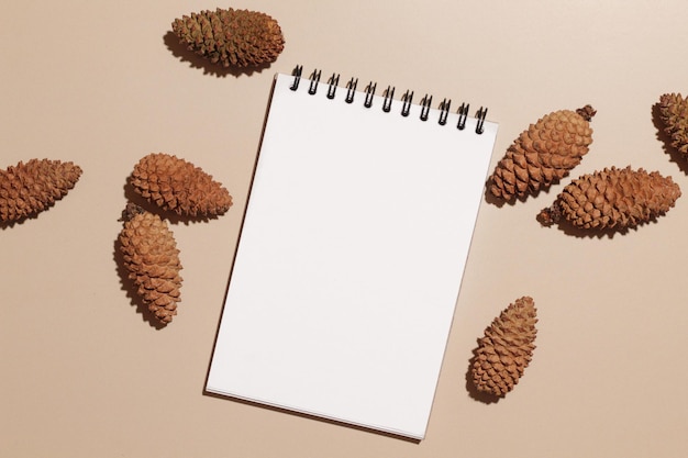 Autumn composition Notebook and pine cones on beige background Autumn fall concept Flat lay top view copy space