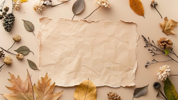 Photo autumn composition paper blank dried flowers and leaves on pastel beige background autumn fall concept flat lay top view copy space