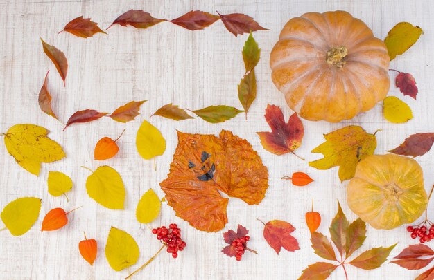 木製のテーブルの上の秋の構成カボチャと紅葉ハロウィーンの上面図