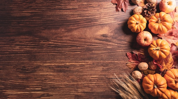 Autumn composition Pumpkin cotton flowers and autumn leaves on dark wooden background