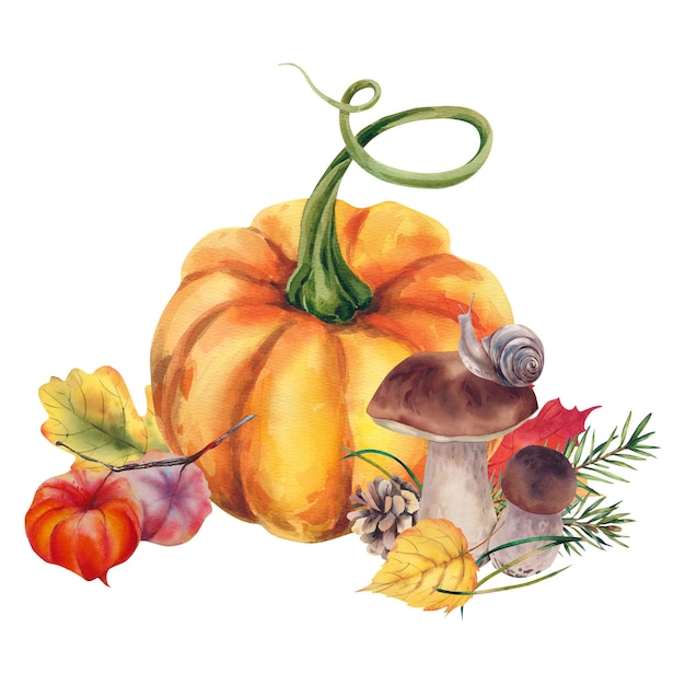 Autumn composition of pumpkin porcini mushrooms maple leaves oak birch and physalis Watercolor illustration Painted Thanksgiving harvest