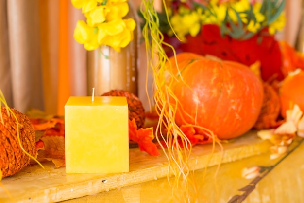 Autumn composition Pumpkins candles and dried flowers Autumn holidays fall thanksgivinghalloween concept cozy home still life Dry flowers in a vaseConcept of rich harvest and festive mood