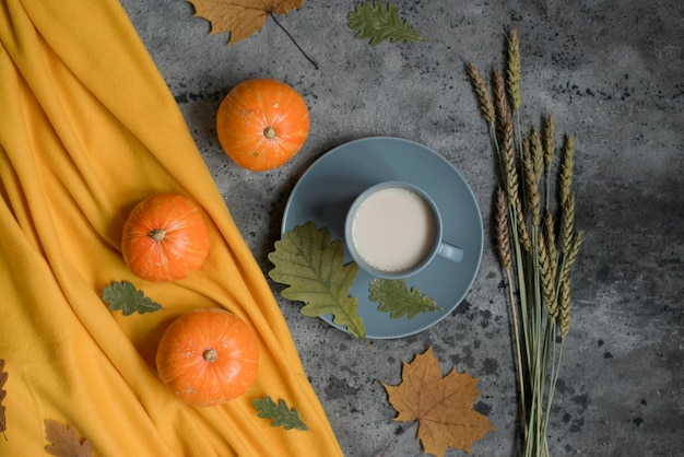 Autumn composition, pumpkins and a mug with a drink