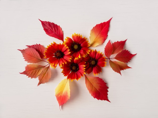 autumn Composition of red autumn leaves and flowers