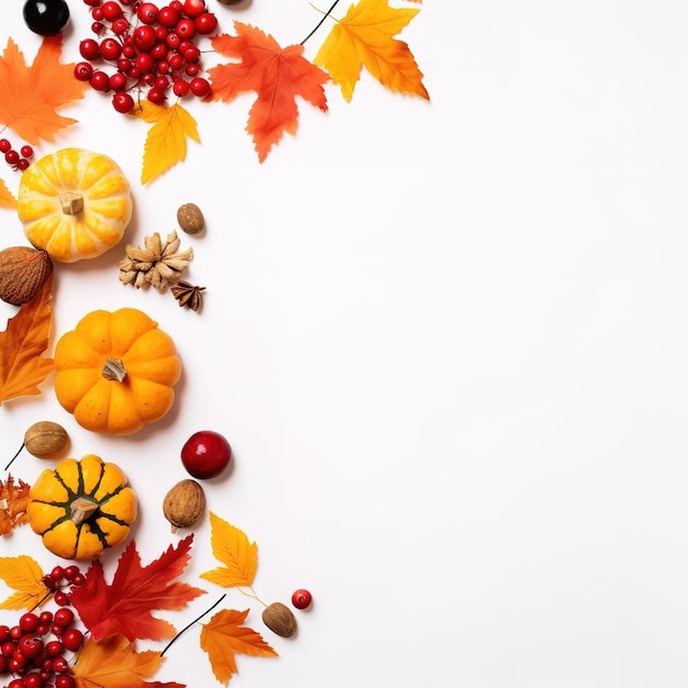 Autumn composition Rowan berries dried leaves pumpkins and flowers on white background Autumn fall halloween thanksgiving day concept View from the top with text space