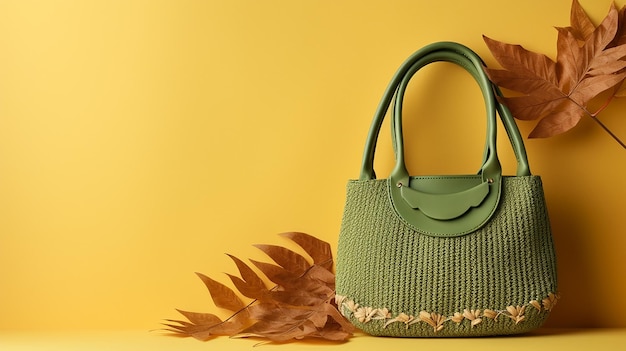 autumn composition straw bag with autumn dried leaves on yellow background