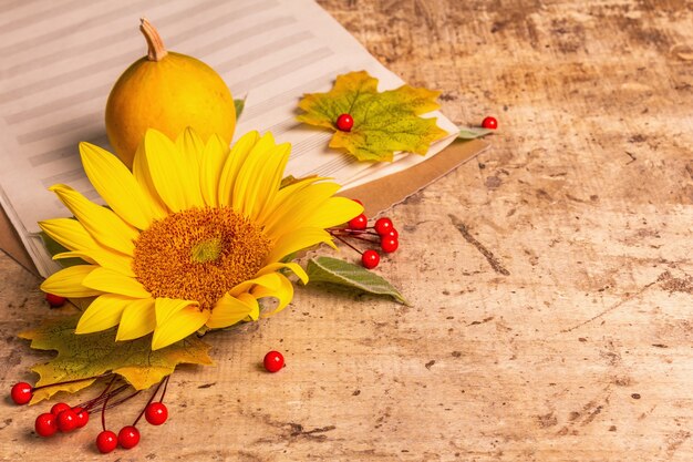 Autumn composition. Sunflower, notebook for notes, red berries, and pumpkins. Festive good mood background, flat lay, copy space